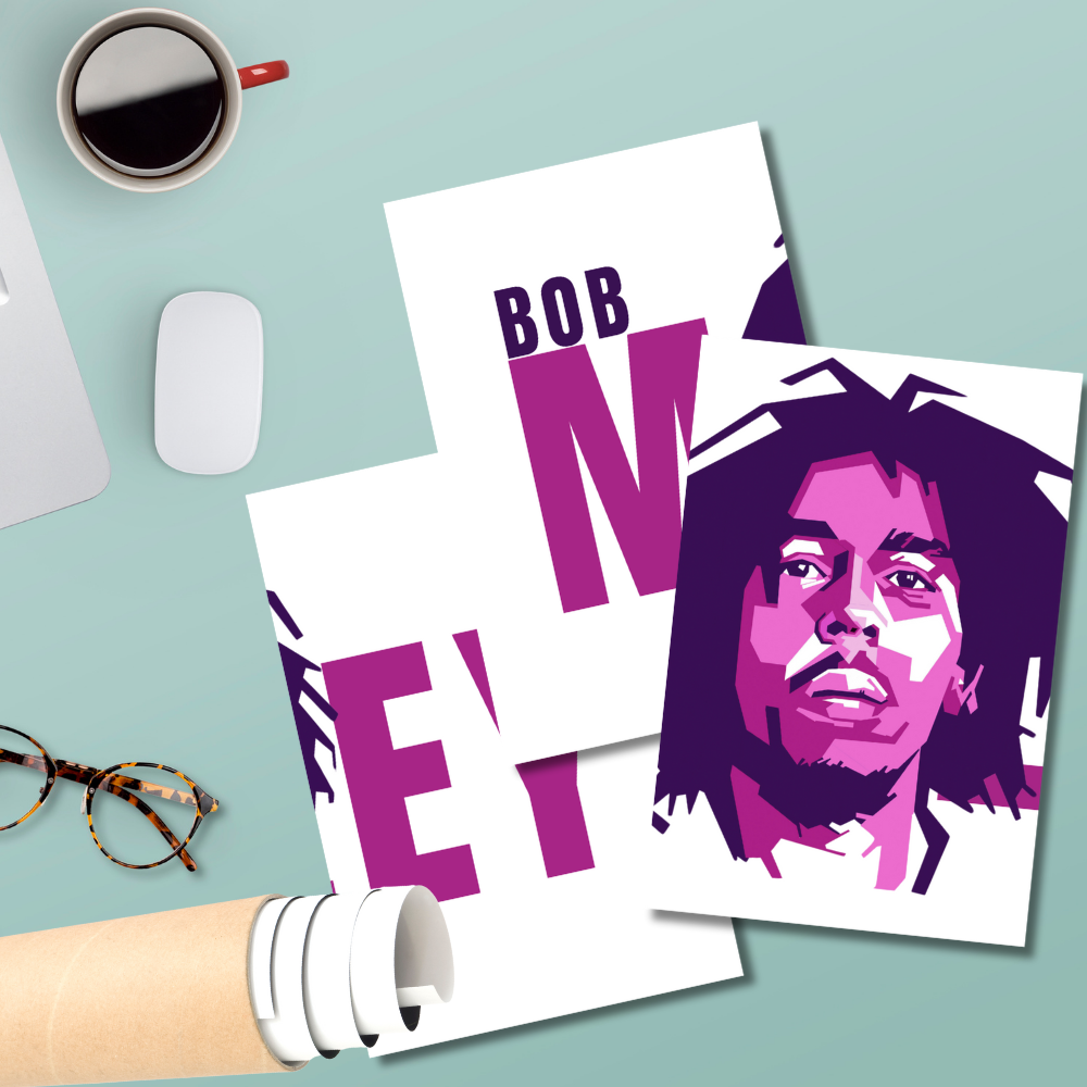 Bob Marley 3 Split Poster – Iconic Reggae Legend Wall Art in Bold Purple Design