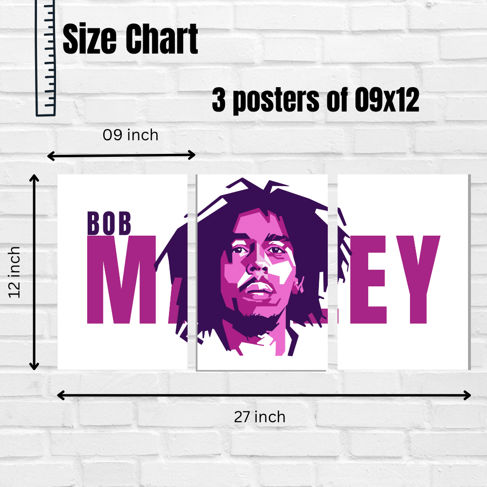 Bob Marley 3 Split Poster – Iconic Reggae Legend Wall Art in Bold Purple Design