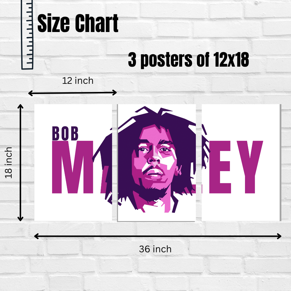 Bob Marley 3 Split Poster – Iconic Reggae Legend Wall Art in Bold Purple Design