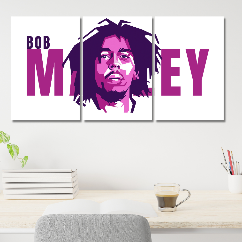 Bob Marley 3 Split Poster – Iconic Reggae Legend Wall Art in Bold Purple Design