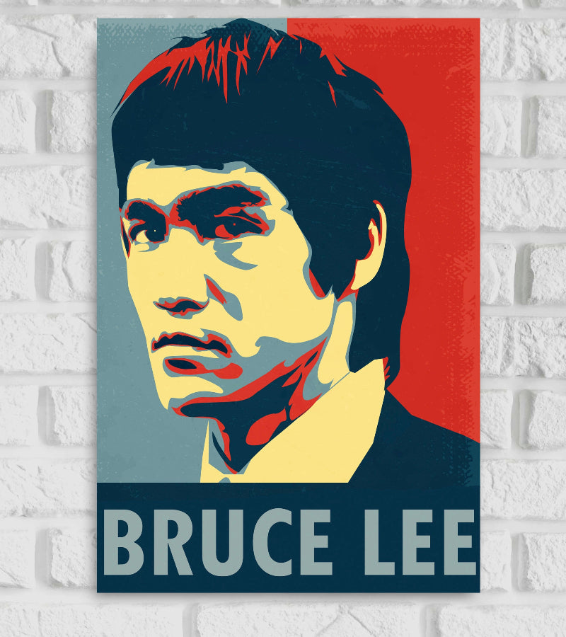 Poster of Bruce Lee in a bold pop-art style with a color palette of red, blue, yellow, and cream. Bruce Lee's face is stylized with sharp contrasts, and he has a serious expression. The background is split into red and blue halves. At the bottom of the poster, 'BRUCE LEE' is written in large uppercase letters against a dark blue band