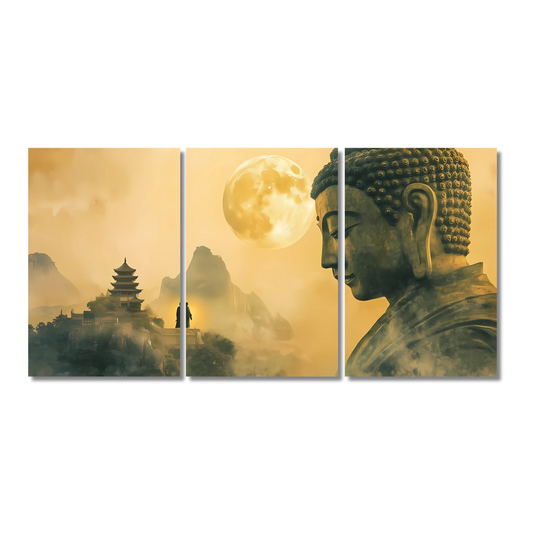 Bring peace and serenity into your home with this stunning 3-piece split Buddha wall art set. Featuring a majestic golden Buddha face alongside an ancient temple and full moon, this artwork radiates calm, mindfulness, and inner peace. posters are perfect for enhancing your living room, meditation space, bedroom, or office, mahatma buddha Wall sticker mahatma buddh Painting Split Poster Aesthetic Spiritual Painting Poster Framed Poster