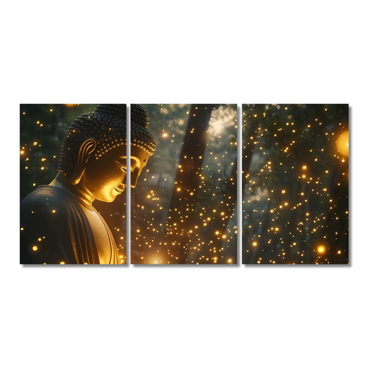 Buddha Wall Art 3 Panel Poster Spiritual Golden Buddha Split Spiritual Art for Home & Office Mahatma Buddha Wall Sticker Mahatma Buddha Painting, mahatma buddha Wall sticker mahatma buddha Paintings for living room Wall decor home decor Split Poster Buddha Wall decor, Buddha idols for wall decor & home decor  buddha wall decor