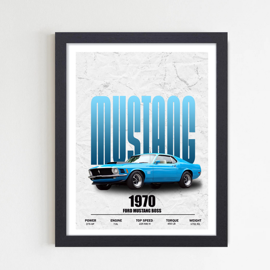 1970 Ford Mustang Boss Frame Poster, Framed Classic Muscle Car Wall Art,Vintage Car for Student Home Office Garage Living Room Bedroom Hostel Boys, Ford Mustang poster, 1970 Mustang Boss wall art, classic muscle car poster, vintage Mustang print, framed car poster 10x13, Mustang lover gift, American muscle car decor, retro Mustang artwork, Ford car wall decor, blue Mustang car frame, car Wallpaper, frames for garage.