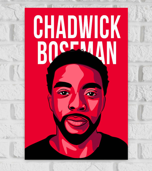 A bold, graphic-style poster of Chadwick Boseman featuring a red background and a stylized portrait in shades of red, pink, and black. The actor’s name, "Chadwick Boseman," is written in large white letters at the top, and the artwork is displayed against a white brick wall Hollywood American Actor  Director Writer Producer