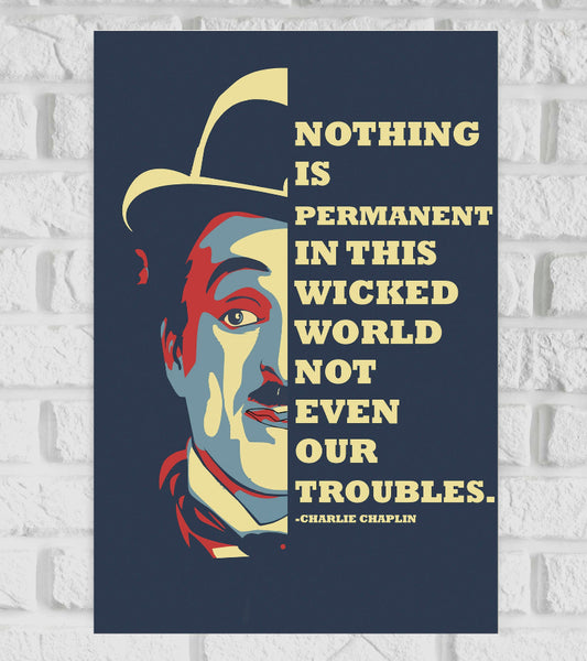Charlie Chaplin British Comic Actor and Filmmaker Fame in the era of silent film Funniest Character Nothing is Permant Wicket World Motivational and Inspiring Quote Mate Finish Blue Color Poster frame
