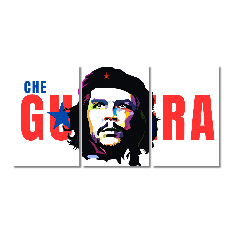 Three-panel split wall poster of Che Guevara with a bold red, blue, and black pop-art portrait centered across three frames, featuring his name in large red and blue letters on a white background; available in 12x18 inch or 9x12 inch sizes.