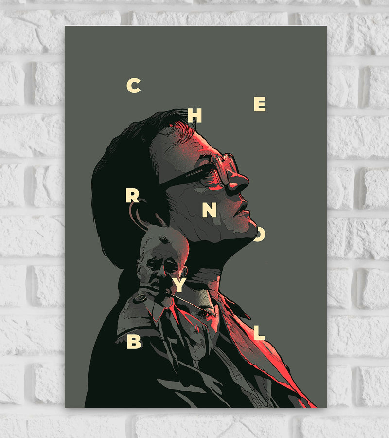 Poster of Chernobyl featuring a dark, minimalist illustration of a man in profile wearing glasses, with red highlights symbolizing radiation or danger. Inside his silhouette, another figure in a military uniform is depicted. The word "Chernobyl" is spelled out in scattered yellow letters across the poster, creating a tense and somber mood reflecting the series' theme historical drama television miniseries 