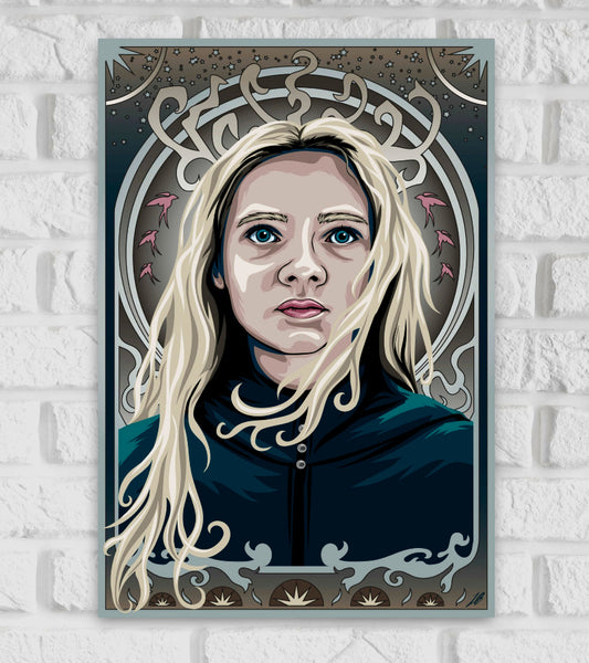 Illustrated poster of Ciri, a character from the Witcher book series, featuring a detailed portrait of a young woman with long flowing blonde hair, intense blue eyes, and a dark cloak. The background is decorated with ornate, mystical patterns, stars, and swirling designs, creating a magical and heroic atmosphere around her Cirilla Fiona Elen Riannon Sole princess of Cintra Hollywood Movies