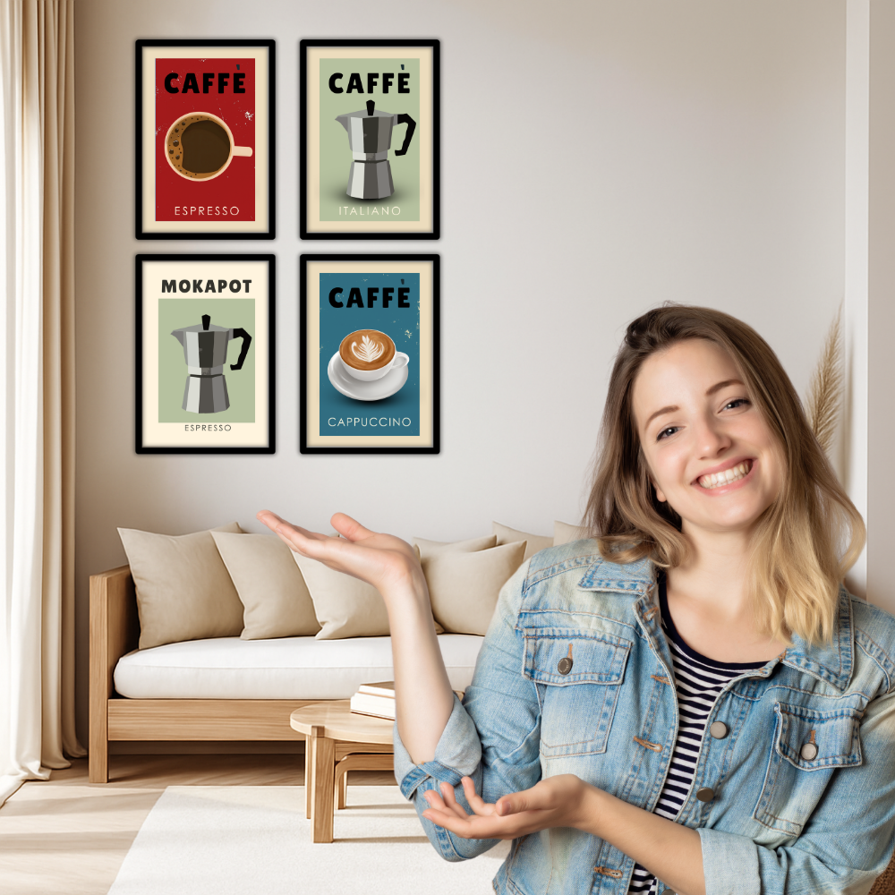 Coffee Quote Poster Frame Set of 4 Wall Framed Posters for Cafe Restraunt Coffee Photo Frames Paintings for wall decor Livingroom Kitchen Office Restro Decoration Items Caffe Painting