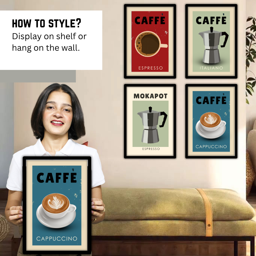 Coffee Quote Poster Frame Set of 4 Wall Framed Posters for Cafe Restraunt Coffee Photo Frames Paintings for wall decor Livingroom Kitchen Office Restro Decoration Items Caffe Painting