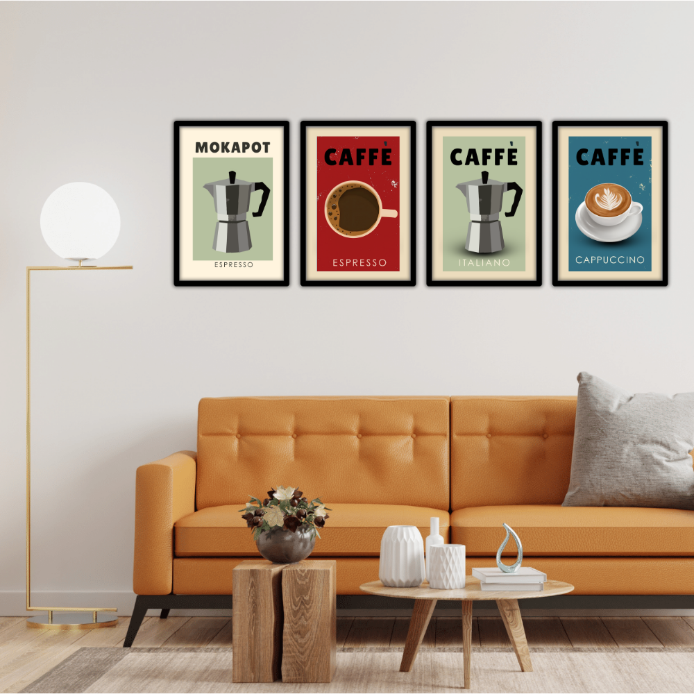 Coffee Quote Poster Frame Set of 4 Wall Framed Posters for Cafe Restraunt Coffee Photo Frames Paintings for wall decor Livingroom Kitchen Office Restro Decoration Items Caffe Painting