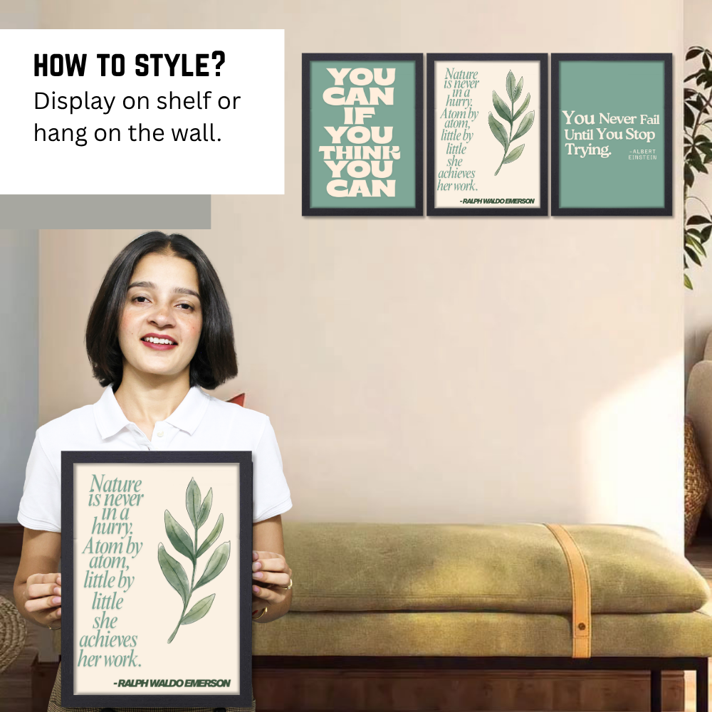 Aesthetic Motivational Posters – Set of 3 Poster framed | Minimal Wall Art with Quotes by Albert Einstein & Ralph Waldo Emerson | Positive Affirmation Decor for Bedroom, Study, Office with frame or without frames