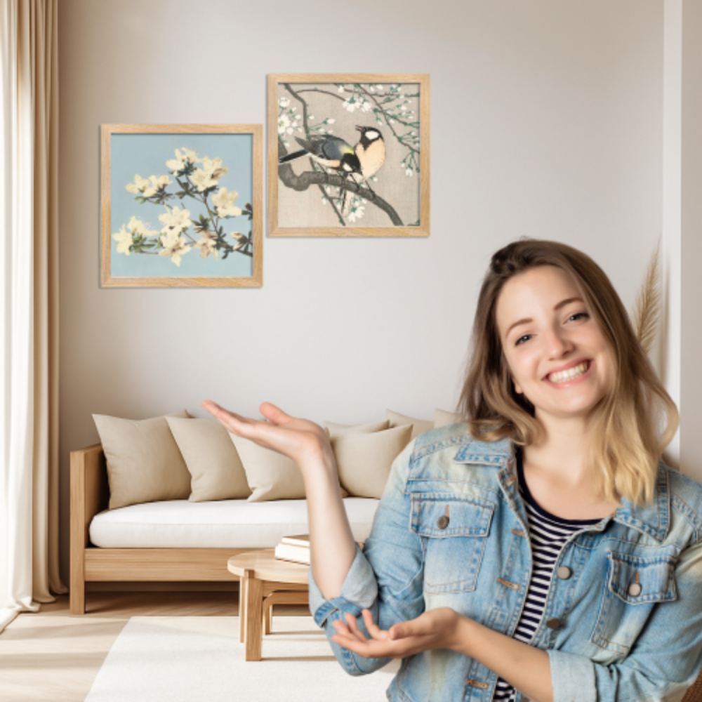 Aesthetic Wall Frames for Living Room Floral & Bird Prints F Frame Poster with Acrylic Glass, Ready to Hang Bedroom, Office, Restaurant Decor (Set of 2 framed posters)