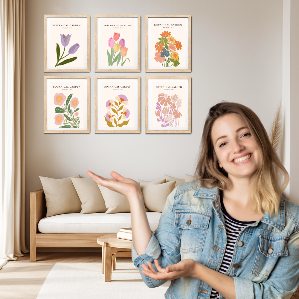 Set of 6 Boho Wall Art Flower Paintings Framed Poster 10 x 13 Inches for Home Decoration, Living Room, Bedroom, hall, Kitchen, and Office Wall Decoration