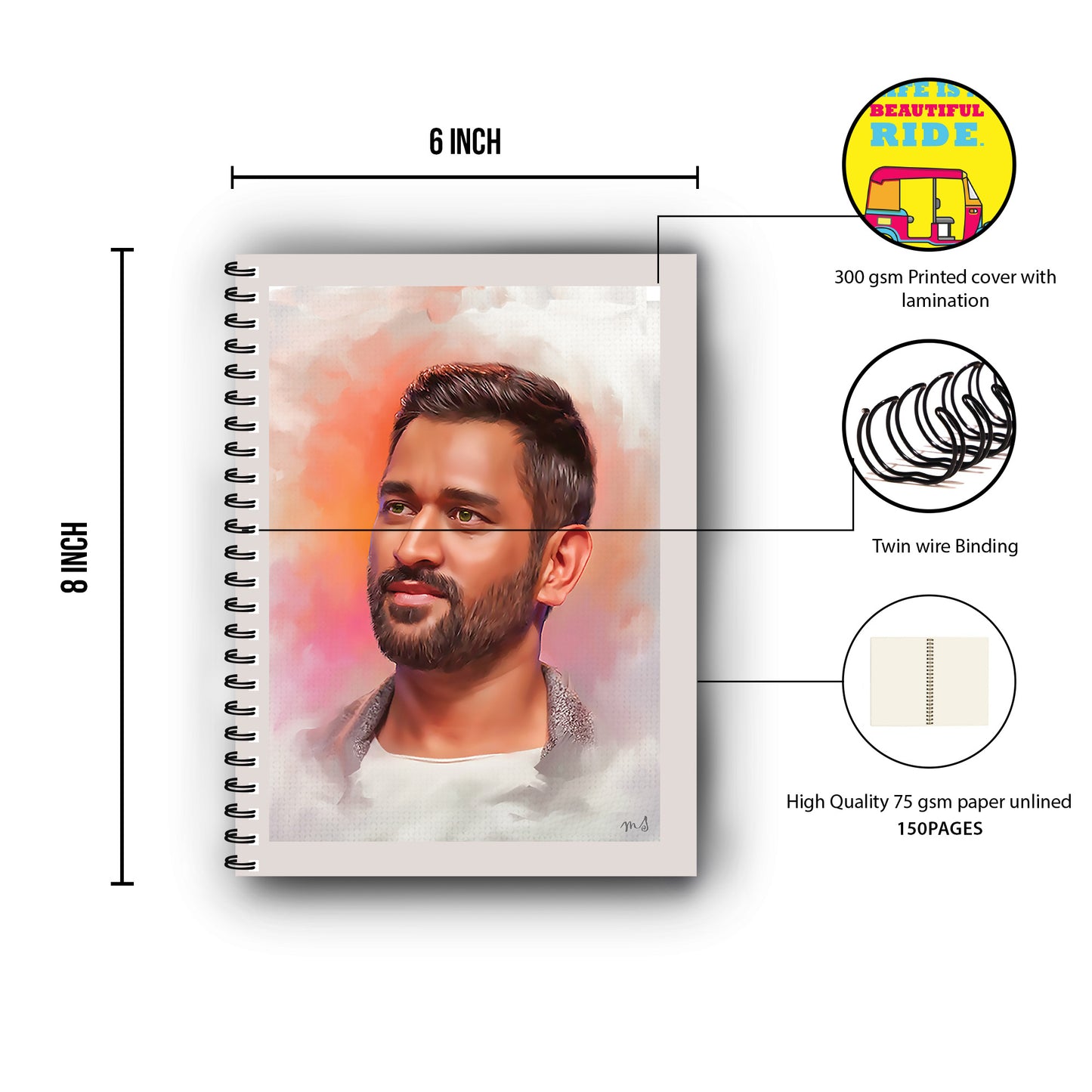 Printed Notebook Unruled, ,150 Pages,75 GSM Wire Bound, (21 x 15 CM) M S Dhoni Printed