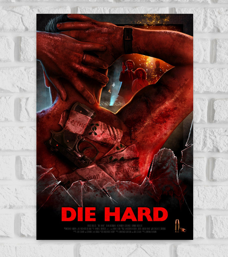Poster of Die Hard featuring a close-up view of a bloodied and bruised man's back, with his hands behind his head and a gun hidden in the bandages. A torn section reveals armed villains holding a woman hostage, with sparks and explosions in the background. The title "DIE HARD" appears boldly at the bottom in large red letters, with a bullet placed next to it Hollywood Action Thriller Drama Advenure