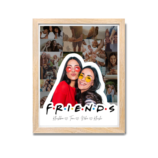 Custom Friends Photo Collage Frame – F.R.I.E.N.D.S Theme with Wooden Frame Personalized Gift for Best Friends Available in Poster, Frame & Canvas, wooden frame for best friends, personalized gift for BFFs, friendship day photo collage, photo frame for girl gang, group friend photo gift, custom wall art for friends, amazon friends frame design, wooden photo frame for bestie, canvas friendship collage, personalized frame for Family couples and friends