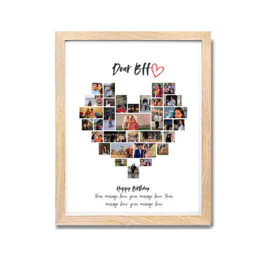 Personalized Wooden Frame Wall Art (Available in Poster, Frame & Canvas) Custom Birthday Gift for Best Friend with Message & Photos, best friend photo frame birthday gift, wooden frame friendship collage, dear bff custom photo gift, heart-shaped collage wall art