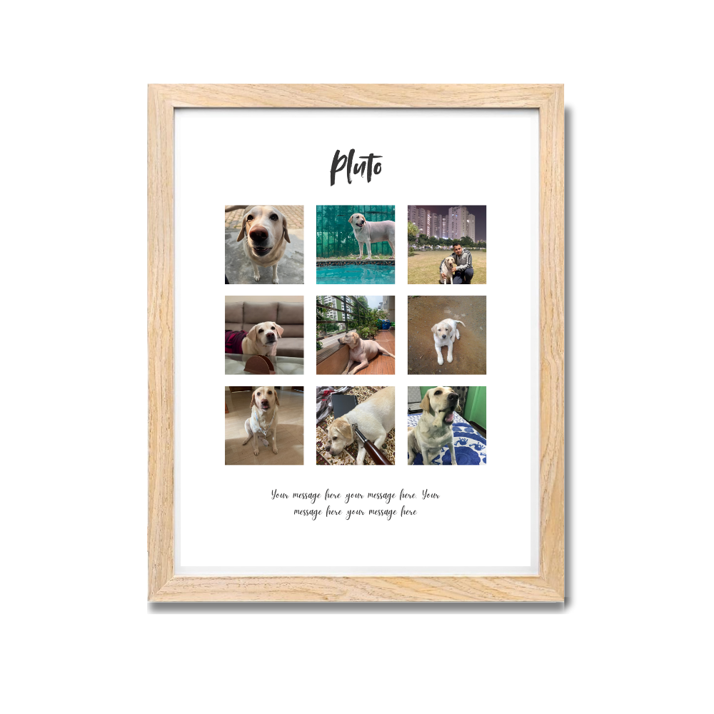 Personalized wooden frame with 9-photo grid of named Pluto and custom message, wooden pet frame with name, gift for dog mom, custom dog photo gift, pet lover wall decor, canvas pet photo collage, personalized cat picture frame.