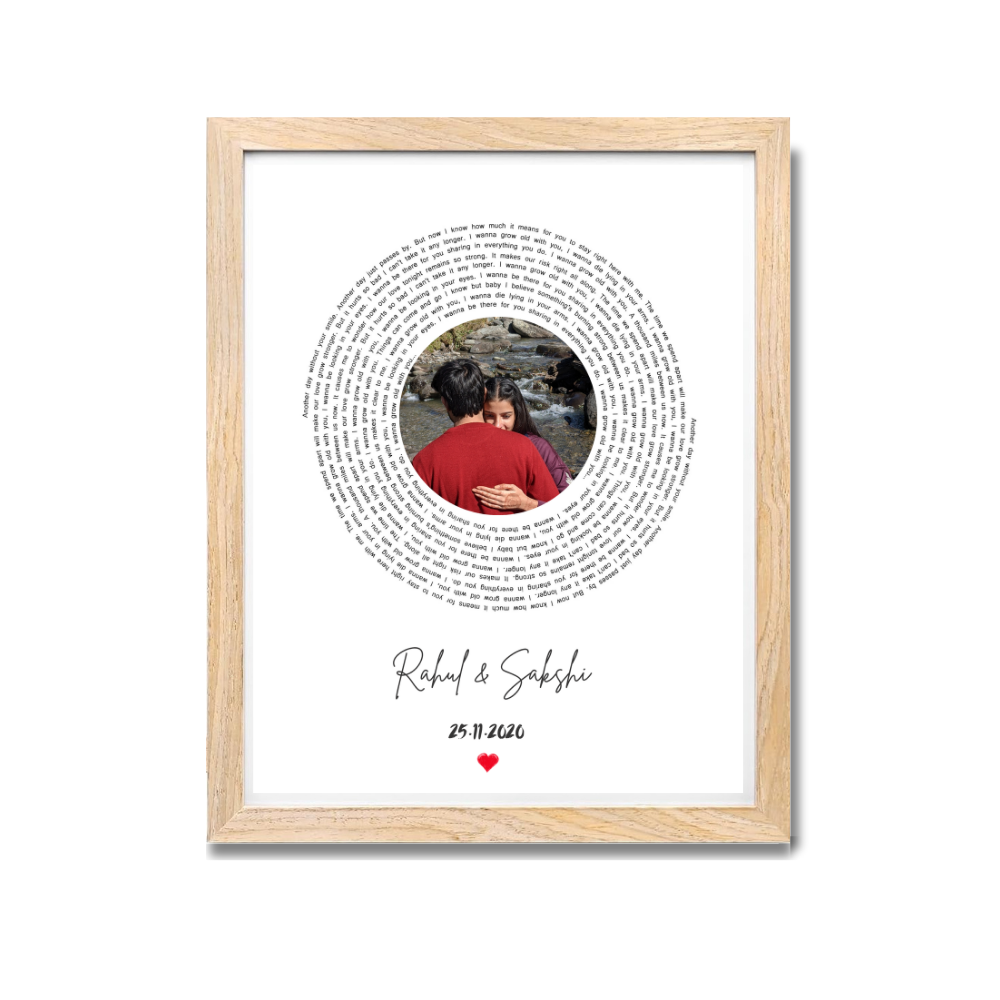 Custom Circular Text Photo Frame – Personalized Wooden Frame Wall Art with Couple Name & Date, natural wooden finish, this piece is a timeless keepsake. Ideal for anniversaries, weddings, or surprise gifts for your partner, it's available in poster, canvas, and wooden frame formats to match every decor style.