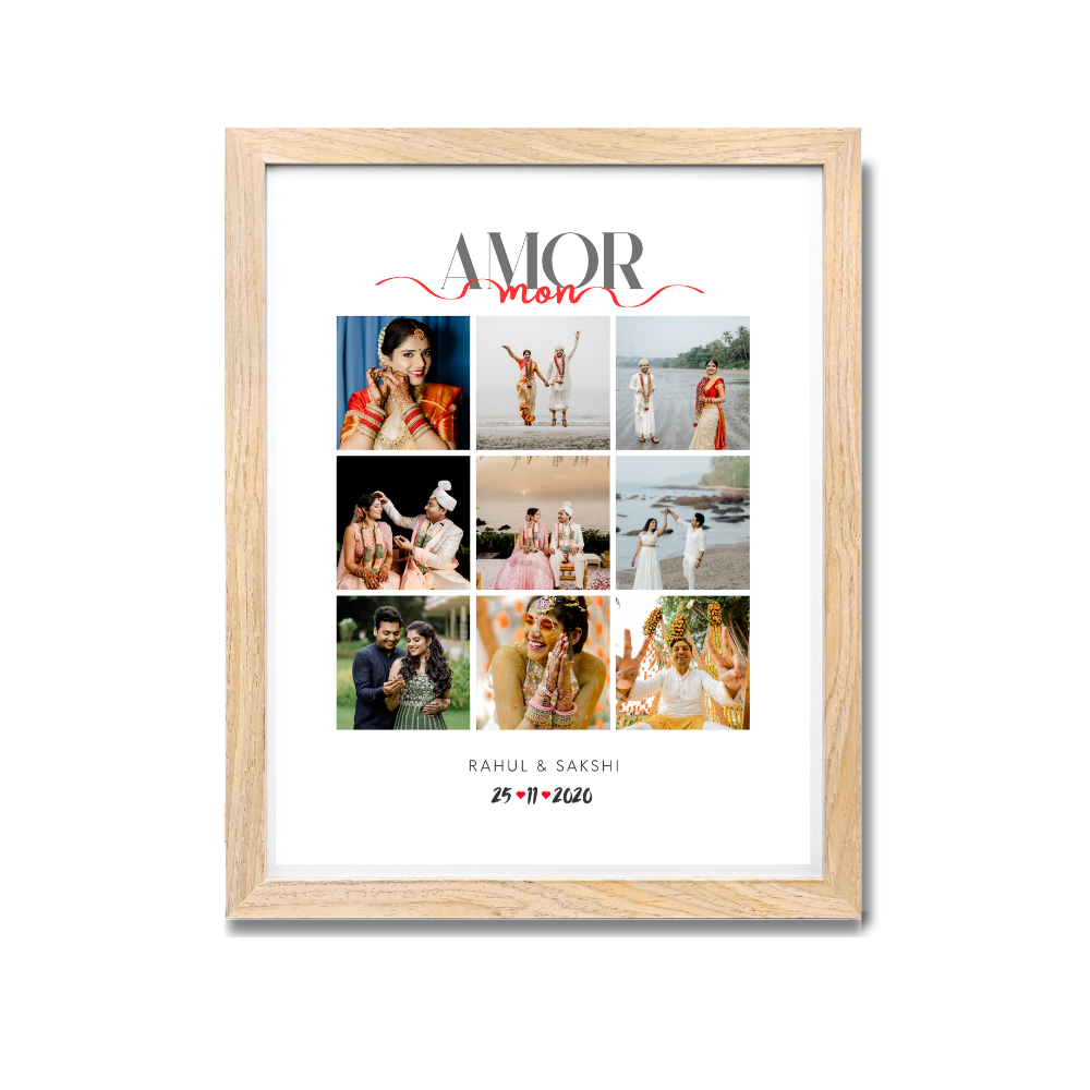 Custom Wedding Photo Collage Frame – Amor Mon Design with Wooden Frame 9 Photo Grid, custom wedding photo frame, wooden frame wedding collage, 9 photo grid marriage gift, personalized couple name and date frame, Amor Mon wedding print, romantic wedding keepsake, canvas anniversary photo collage, custom wedding decor gift, wooden photo frame for couple family friends