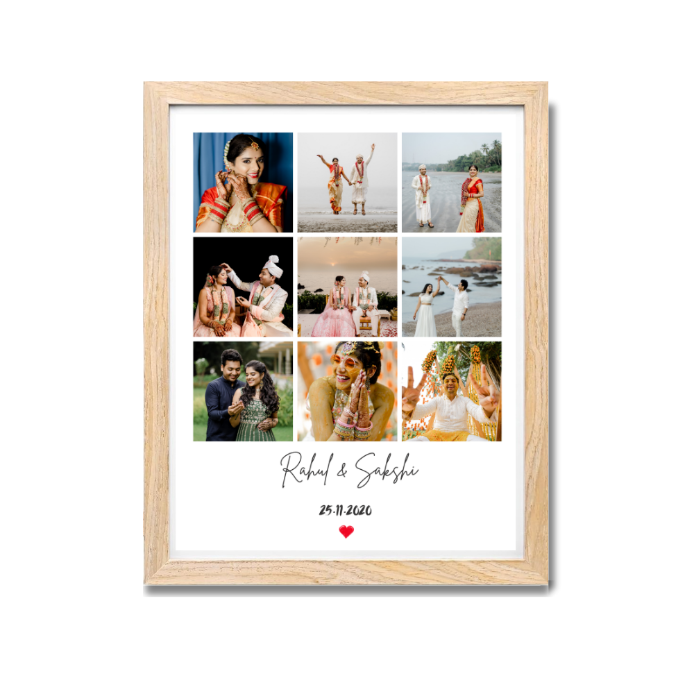 custom couple frame, personalized wedding collage, customized photo frame with name and date, anniversary gift for couple, love story frame, personalized couple photo gift, wedding photo collage, romantic frame for wife husband, custom design photo wall frame, custom print frames online, unique wedding gift idea, photo frame with multiple photos.