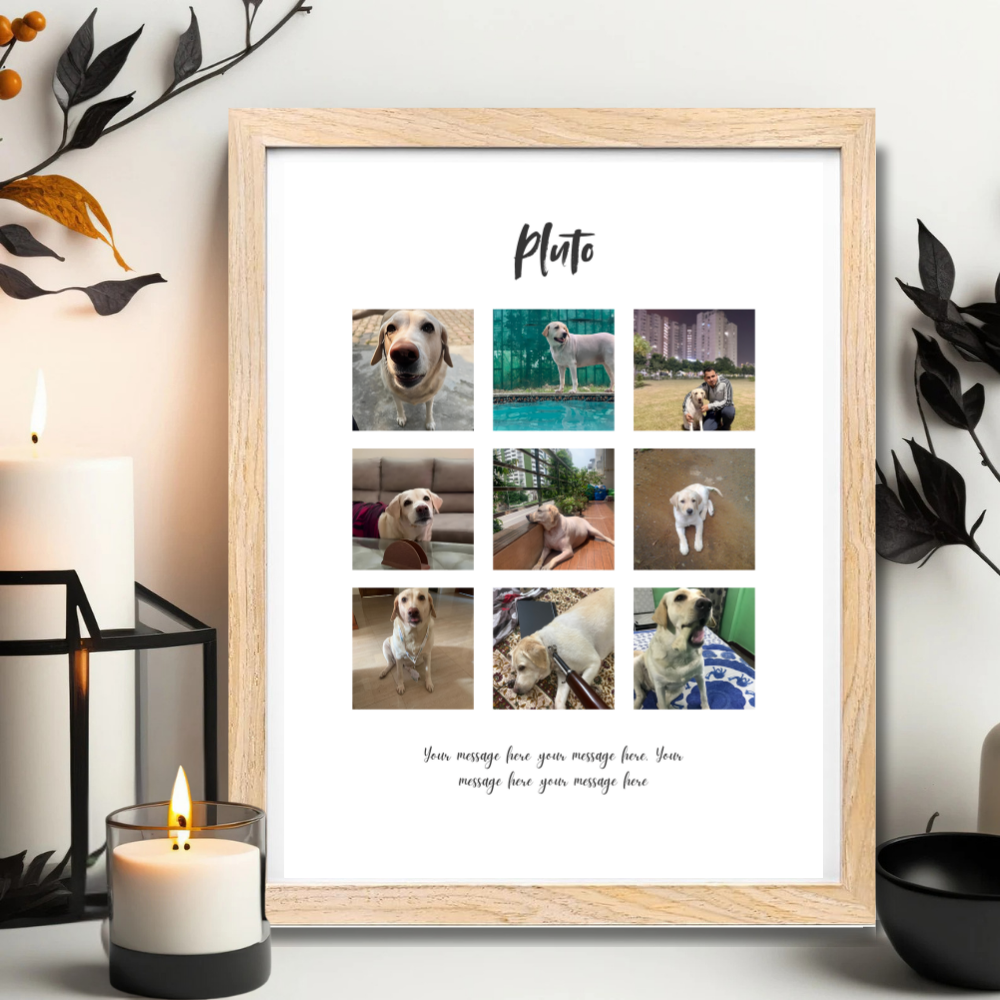 Custom Photo Collage Frame – 9 Photo Grid with Name & Message | Wooden Frame Wall Art