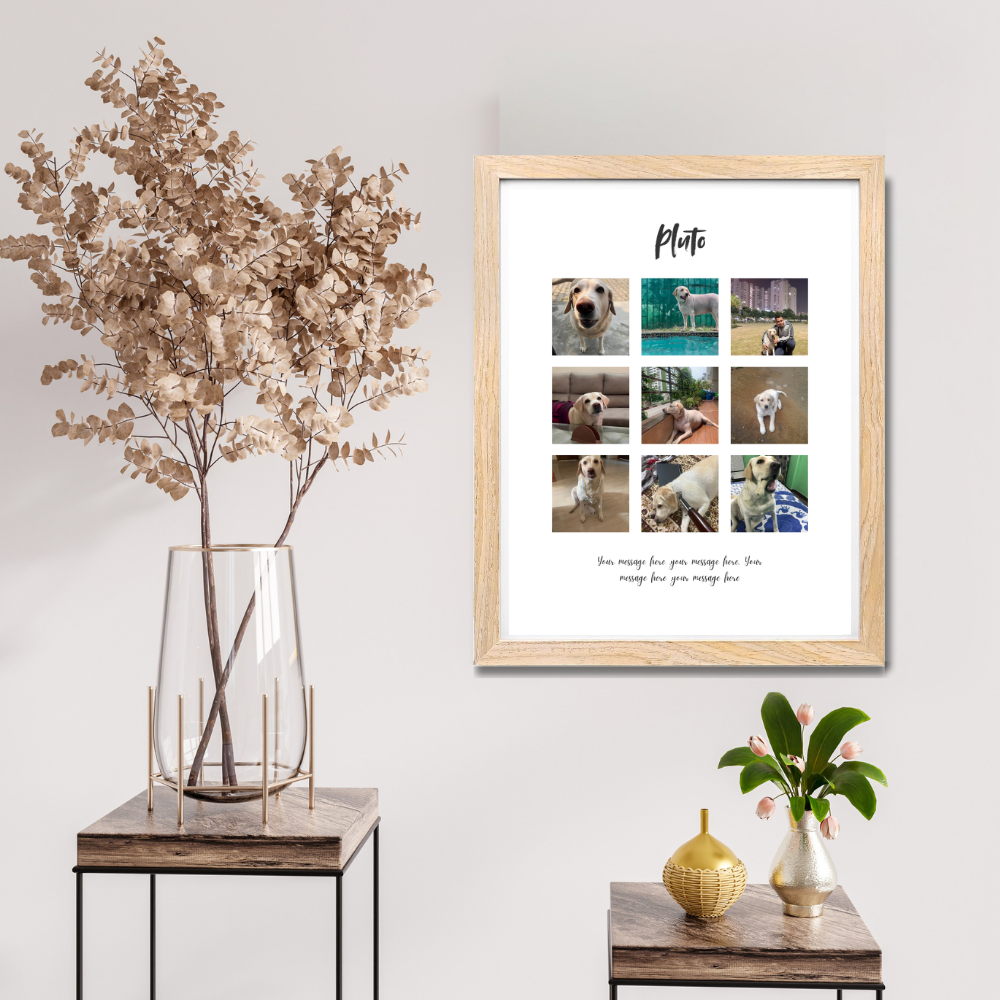 Custom Photo Collage Frame – 9 Photo Grid with Name & Message | Wooden Frame Wall Art