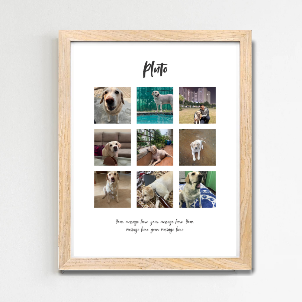 Custom Photo Collage Frame – 9 Photo Grid with Name & Message | Wooden Frame Wall Art