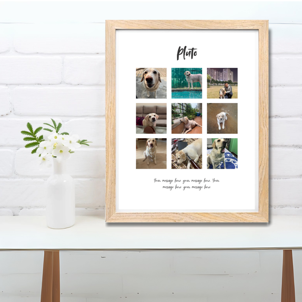 Custom Photo Collage Frame – 9 Photo Grid with Name & Message | Wooden Frame Wall Art