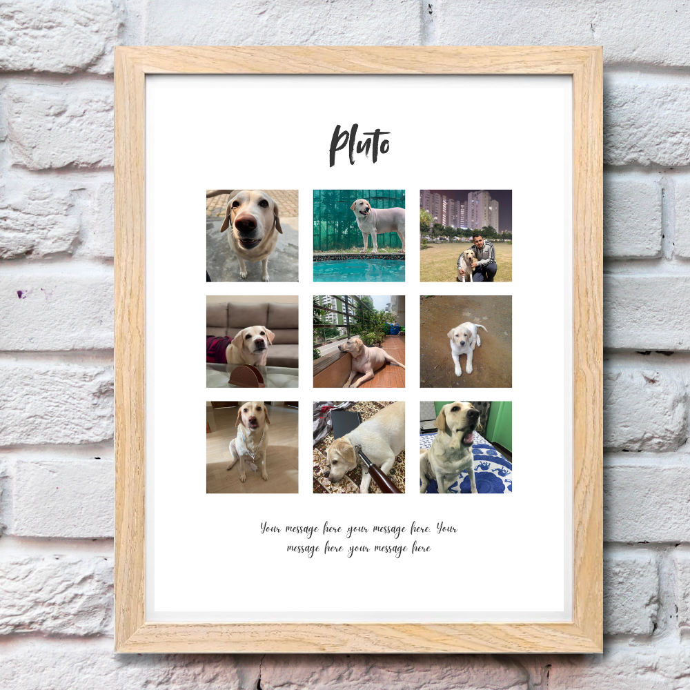 Custom Photo Collage Frame – 9 Photo Grid with Name & Message | Wooden Frame Wall Art