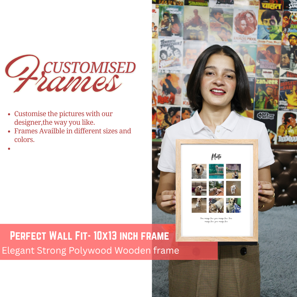 Custom Photo Collage Frame – 9 Photo Grid with Name & Message | Wooden Frame Wall Art
