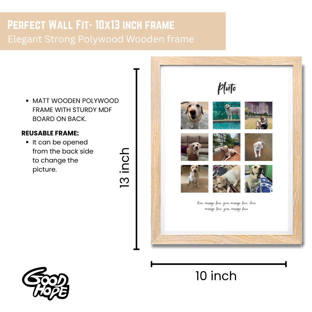 Custom Photo Collage Frame – 9 Photo Grid with Name & Message | Wooden Frame Wall Art