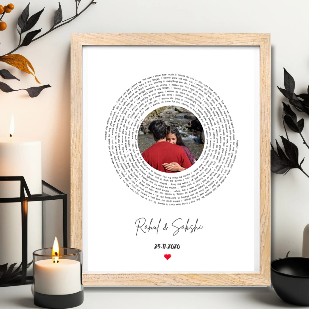 Customized Circular Text Photo Frame – Personalized Wooden Frame Wall Art with Couple Name & Date