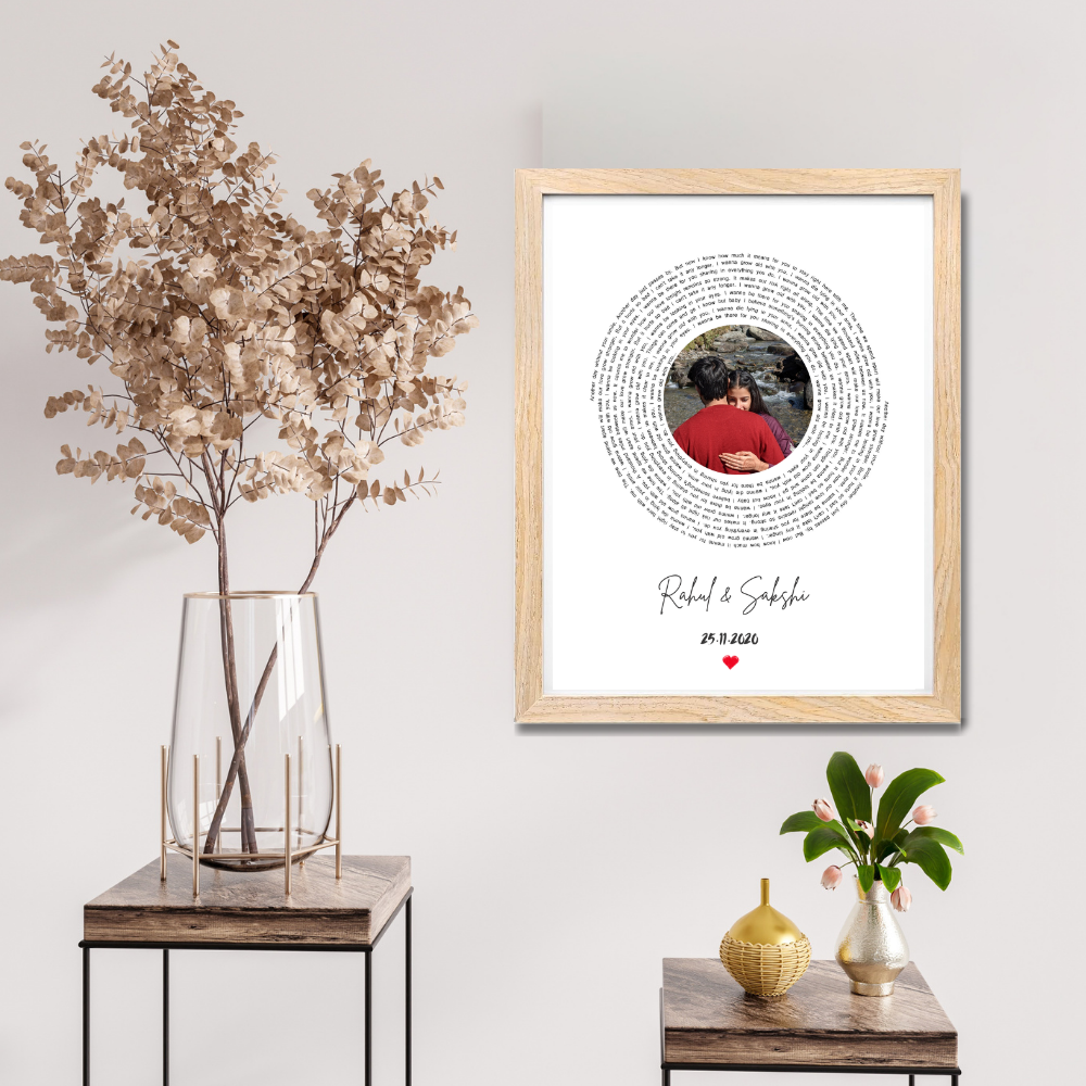 Customized Circular Text Photo Frame – Personalized Wooden Frame Wall Art with Couple Name & Date