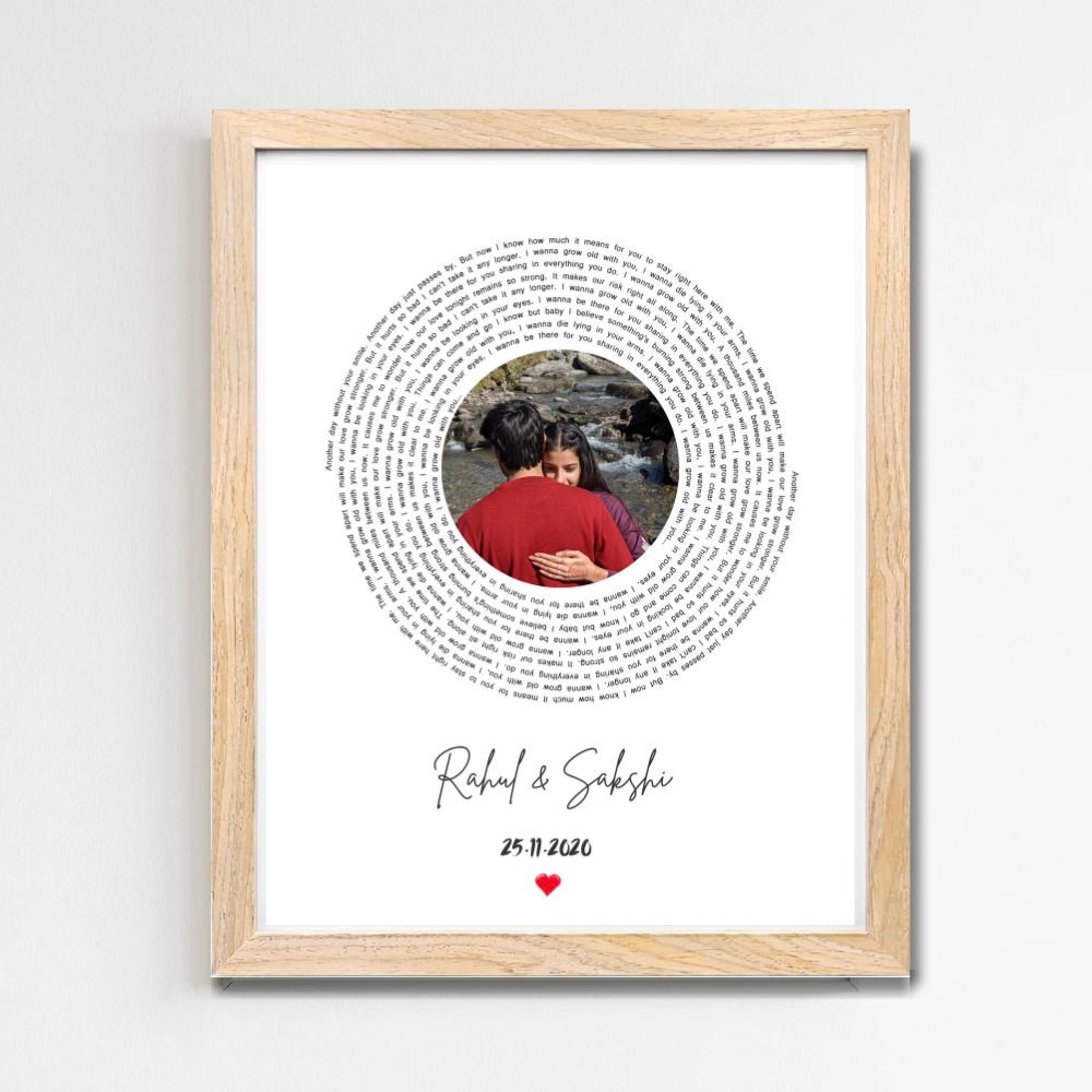 Customized Circular Text Photo Frame – Personalized Wooden Frame Wall Art with Couple Name & Date