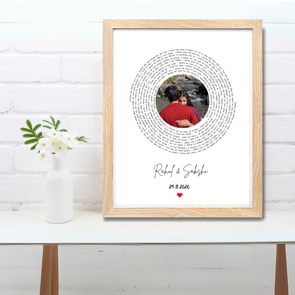 Customized Circular Text Photo Frame – Personalized Wooden Frame Wall Art with Couple Name & Date