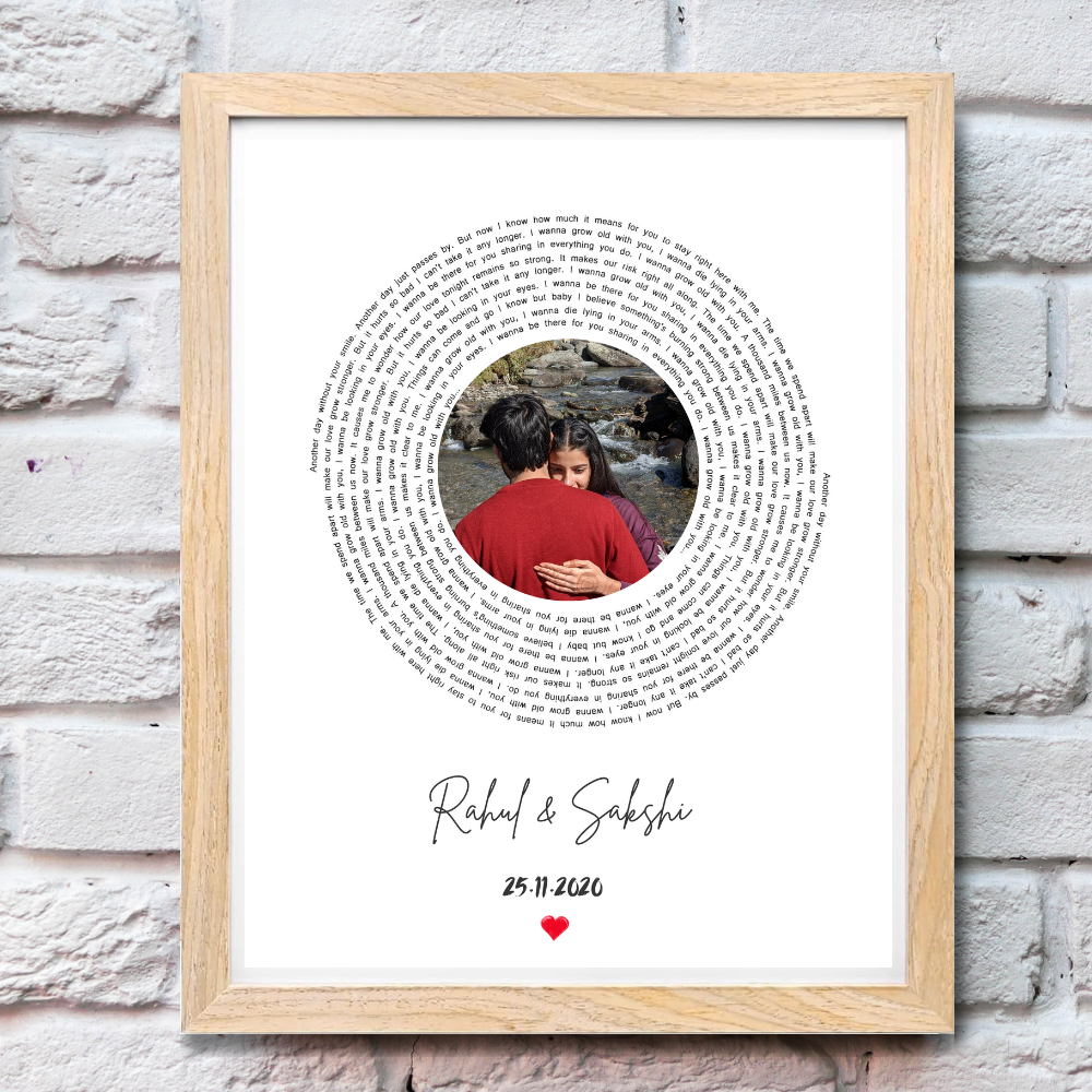Customized Circular Text Photo Frame – Personalized Wooden Frame Wall Art with Couple Name & Date