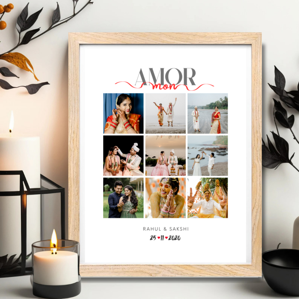 Custom Wedding Photo Collage Frame – Amor Mon Design with Wooden Frame
