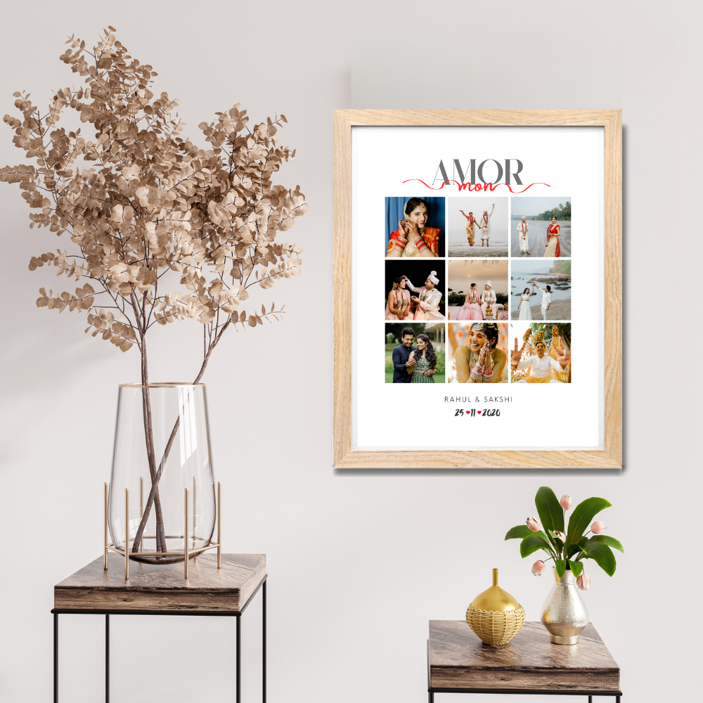 Custom Wedding Photo Collage Frame – Amor Mon Design with Wooden Frame