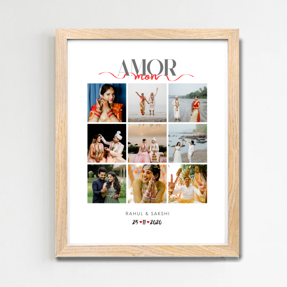 Custom Wedding Photo Collage Frame – Amor Mon Design with Wooden Frame