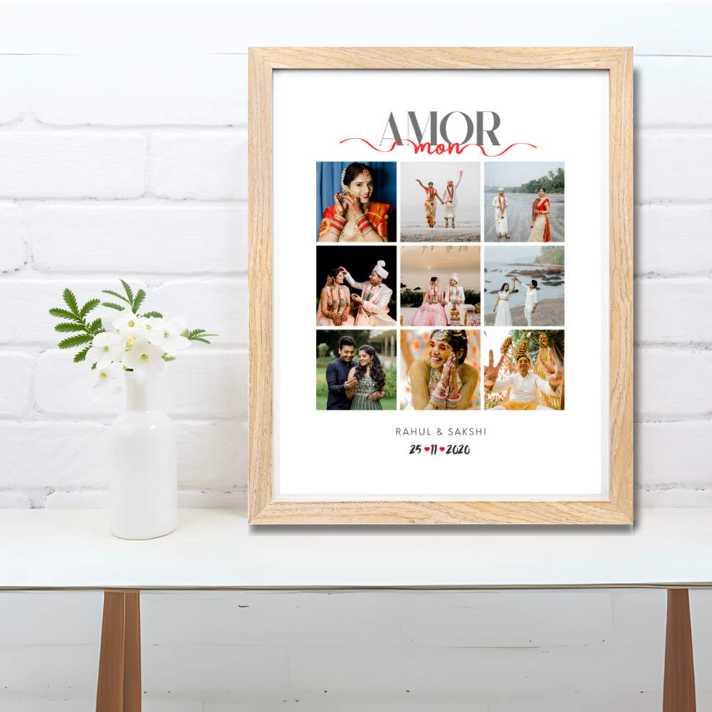 Custom Wedding Photo Collage Frame – Amor Mon Design with Wooden Frame