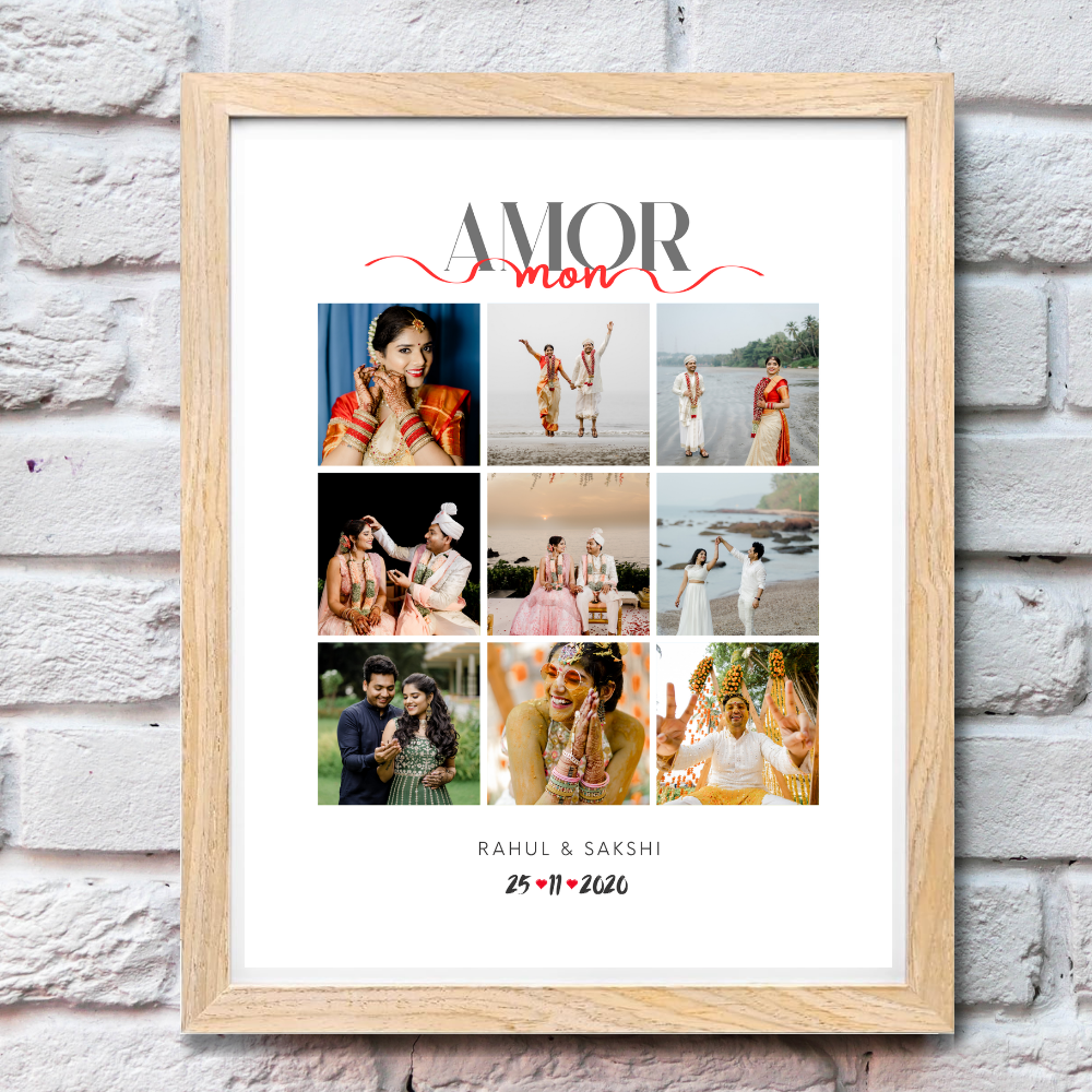 Custom Wedding Photo Collage Frame – Amor Mon Design with Wooden Frame