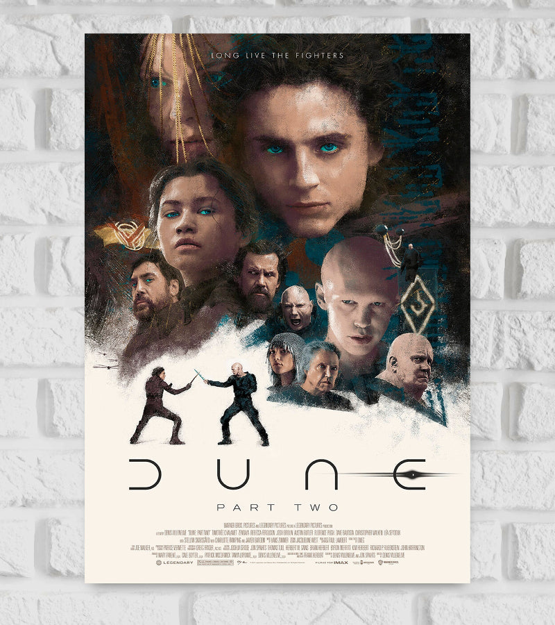 Poster of Dune: Part Two featuring a collage of characters with intense expressions, including Paul Atreides and Chani, set against a dark, textured background. Two figures duel with swords at the bottom, above the title "Dune Part Two" in sleek, futuristic typography. The phrase "Long Live the Fighters" appears at the top, emphasizing the film's epic and dramatic tone Sci-fi Adventure Hollywood Advenure Action