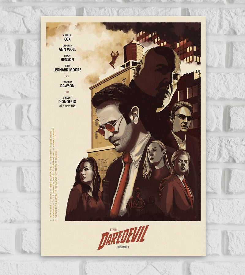 Poster of Daredevil Season One featuring a stylized illustration of Matt Murdock in his red glasses and suit, surrounded by key characters from the series. In the background, city buildings rise under a smoky sky with Daredevil’s silhouette leaping from a rooftop. The title "Marvel Daredevil" is displayed at the bottom in bold red letters. The overall design has a gritty, noir atmosphere 