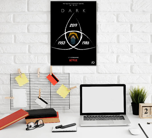 Poster of Dark, a Netflix series, featuring a black background with three intersecting white loops marked with the years 1953, 1986, and 2019. At the center is a hooded figure wearing a yellow raincoat and a mask. The tagline at the top reads, "The question is not where, but when." The Netflix logo appears at the bottom, emphasizing the show's mysterious and time-travel-centered theme Horror Drama Hollywood Movies