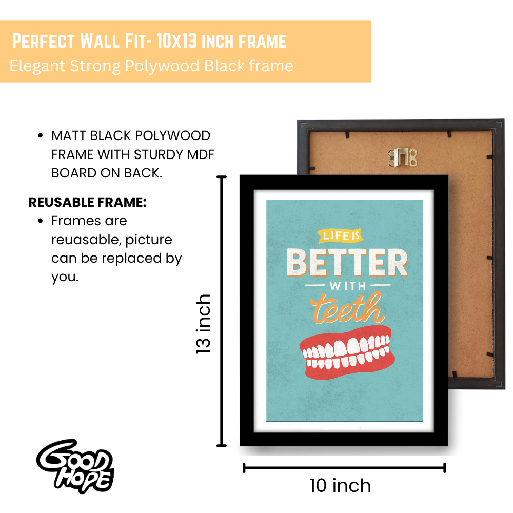 Dentist Funny Quote Wall Frames for Dental Clinic, Photo Frame for Hospital, With Hanging Hook | Teeth Framed poster Pictures for Wall Decoration & Decor