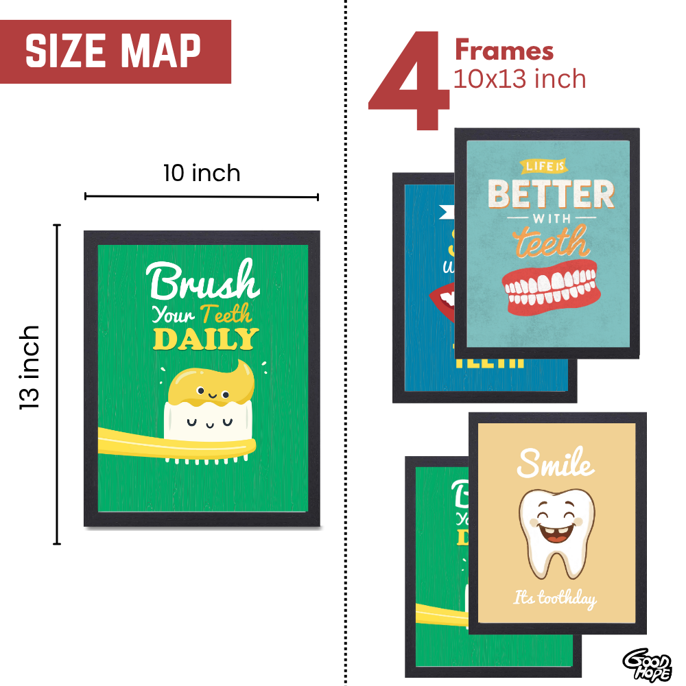 Dentist Funny Quote Wall Frames for Dental Clinic, Set of 4 Photo Frame for Hospital, With Hanging Hook | Brush Framed poster Pictures for Wall Decoration