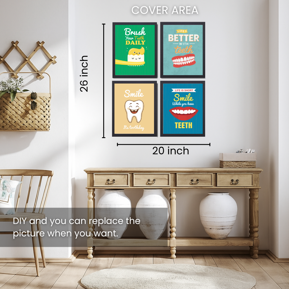 Dentist Funny Quote Wall Frames for Dental Clinic, Set of 4 Photo Frame for Hospital, With Hanging Hook | Brush Framed poster Pictures for Wall Decoration